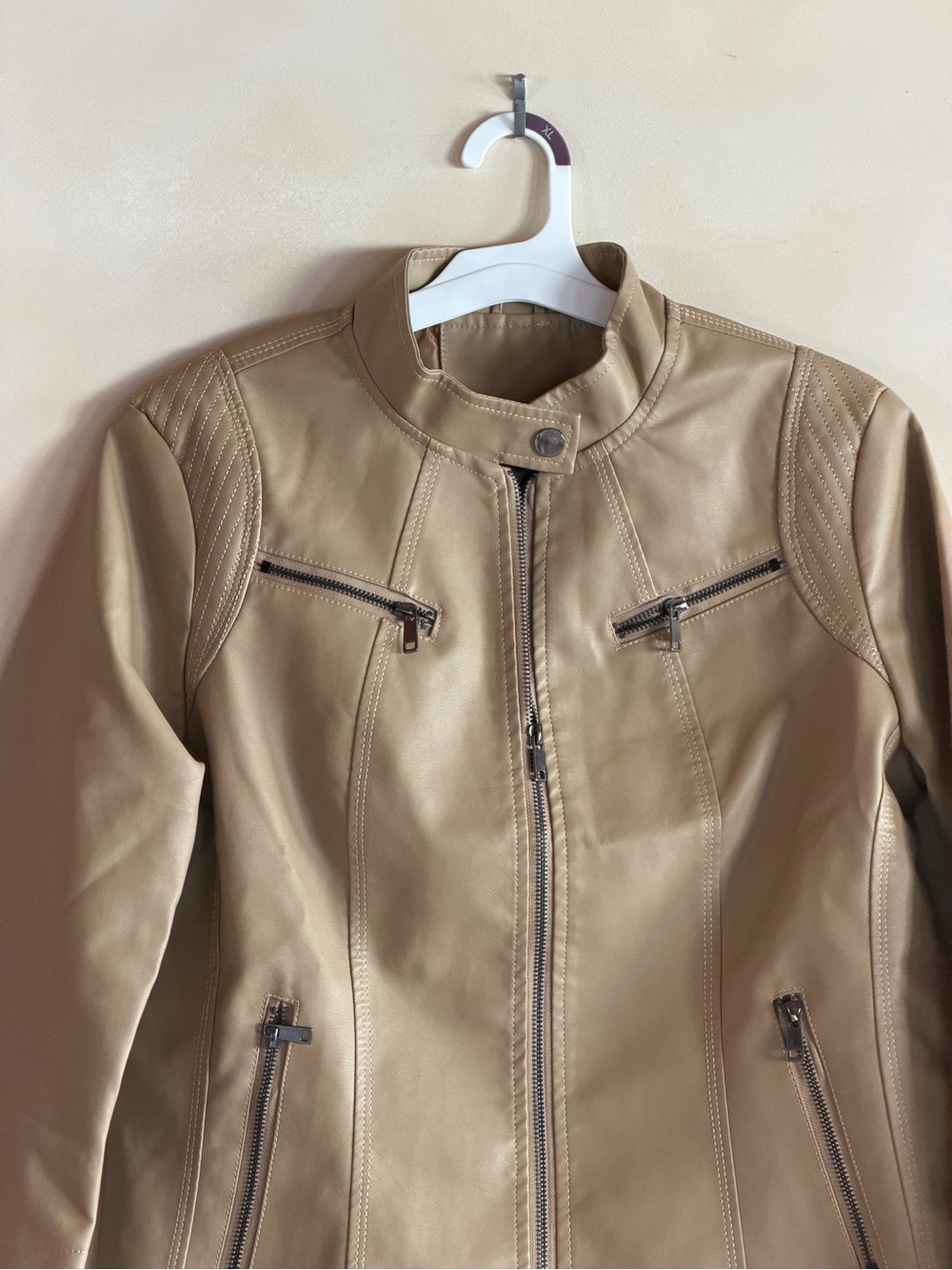 Sleek Tan Faux Leather Moto Jacket